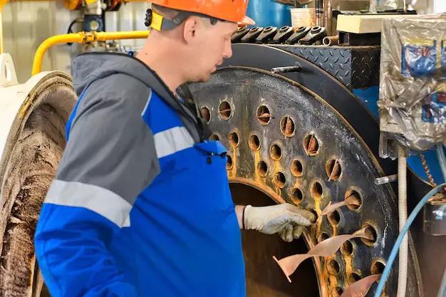 Técnico limpiando caldera industrial